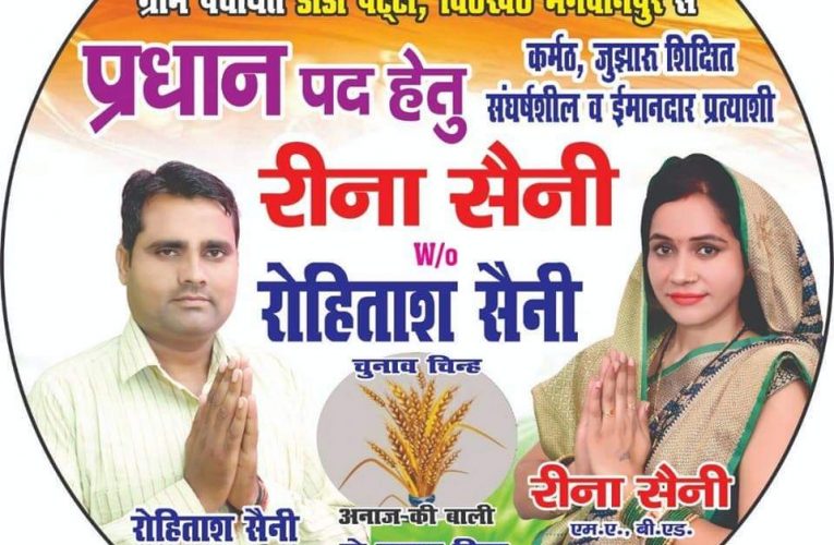 डाडा पट्टी ग्राम पंचायत से प्रधान पद की प्रत्याशी रीना सैनी पत्नी रोहिताश सैनी को विकास के नाम पर मिल रहा समर्थन, हर जगह दिखाई दे रहा है चुनाव चिन्ह “अनाज की बाली”