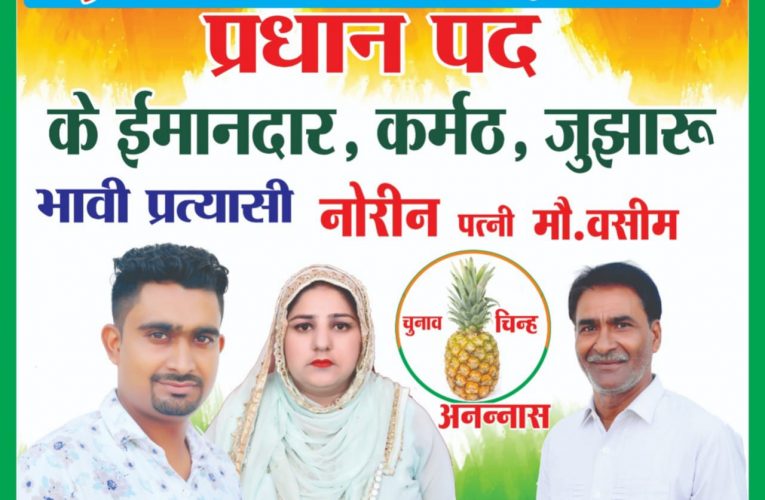 करौंदी ग्राम पंचायत से प्रधान पद की प्रत्याशी पूर्व प्रधान मौ. नसीम अहमद की पुत्रवधू नोरीन ने चुनाव चिन्ह अनानास के लिए मांगे वोट, कहा विकास करना ही लक्ष्य